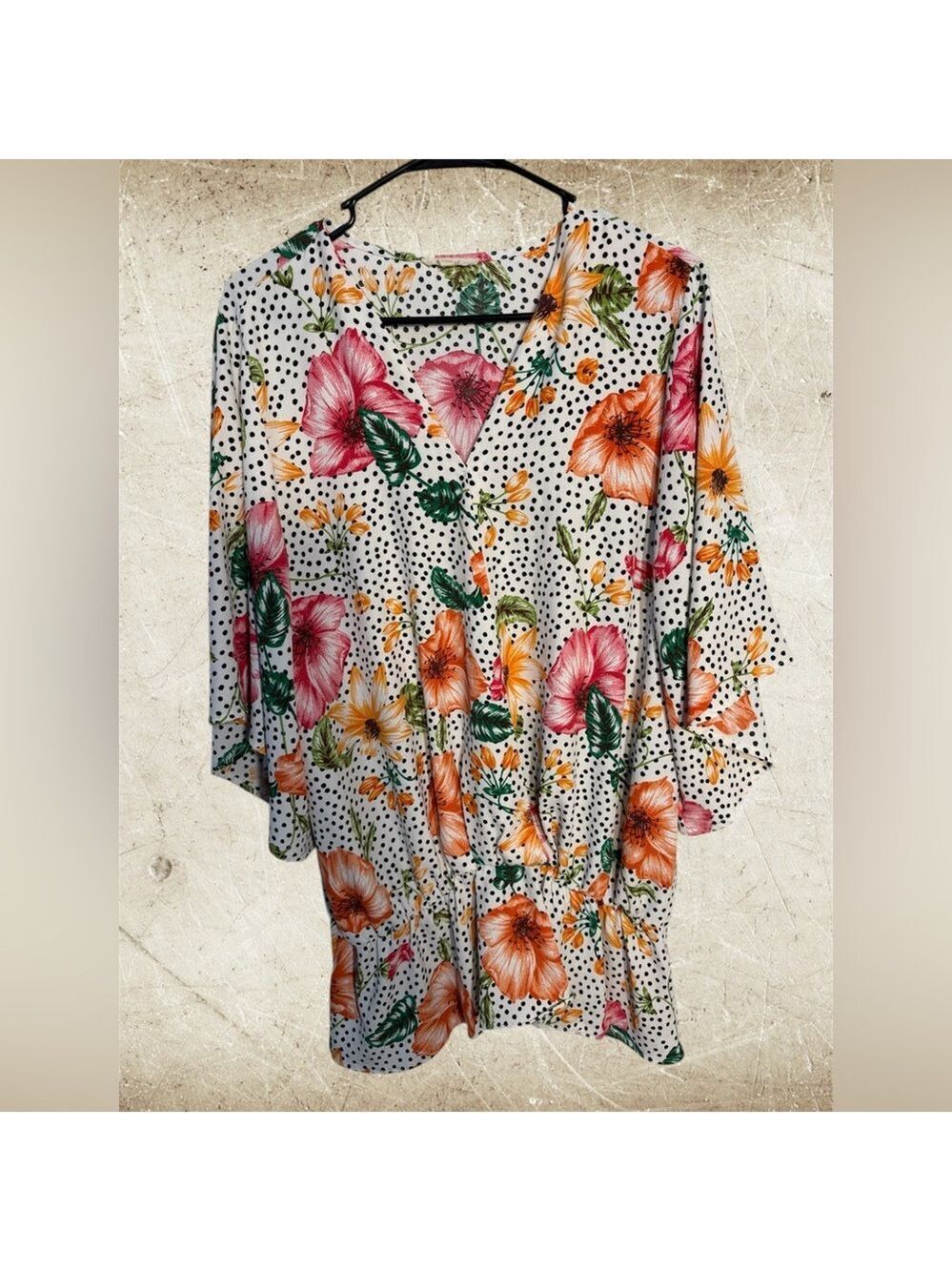 easel White Floral & Polka Dot V-Neck Blouse with Pink, Orange & Green Accents